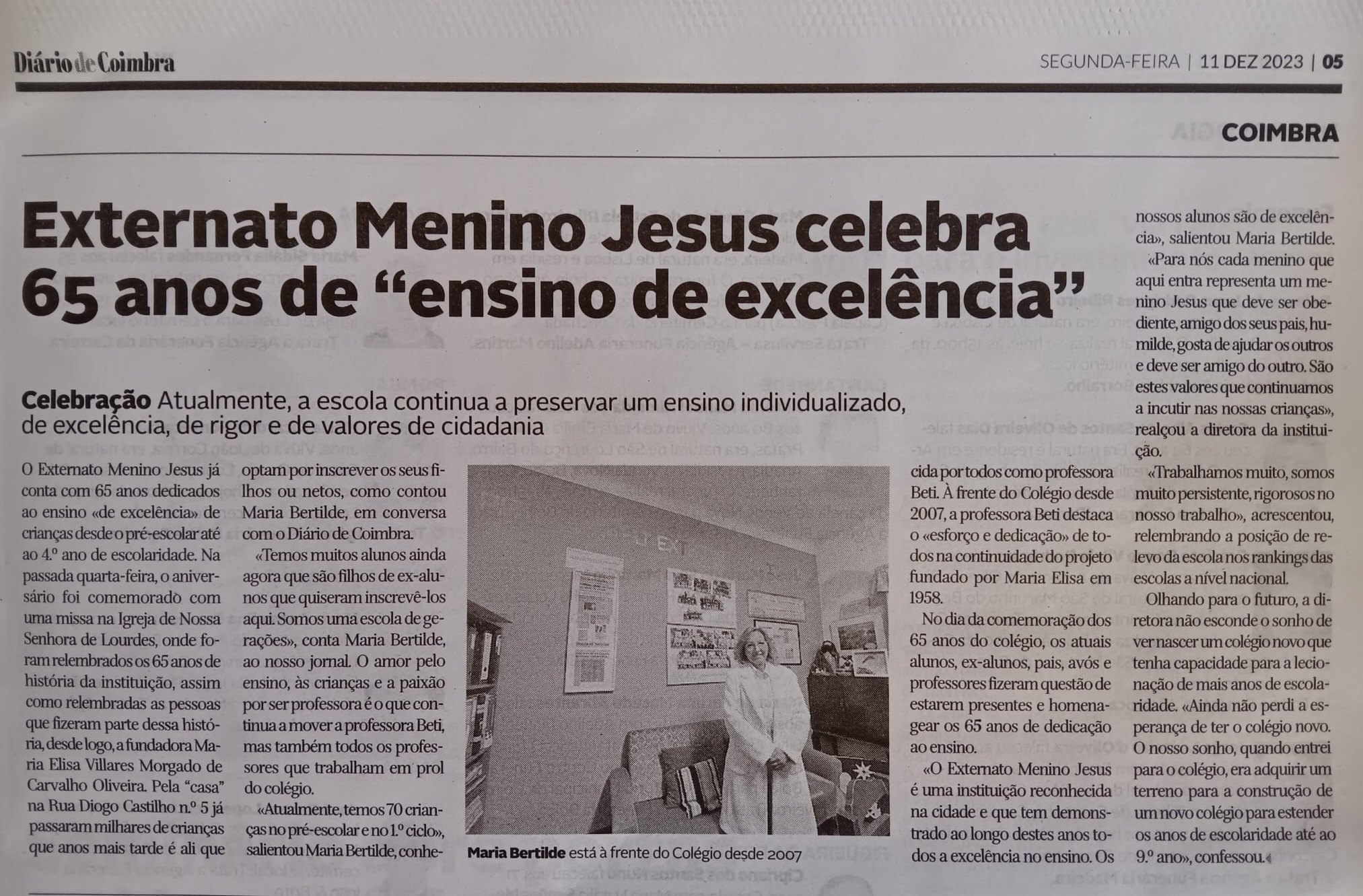 Notícia: Externato Menino Jesus celebra 65 anos de "ensino de excelência", Diário de Coimbra, 11 dez 2023